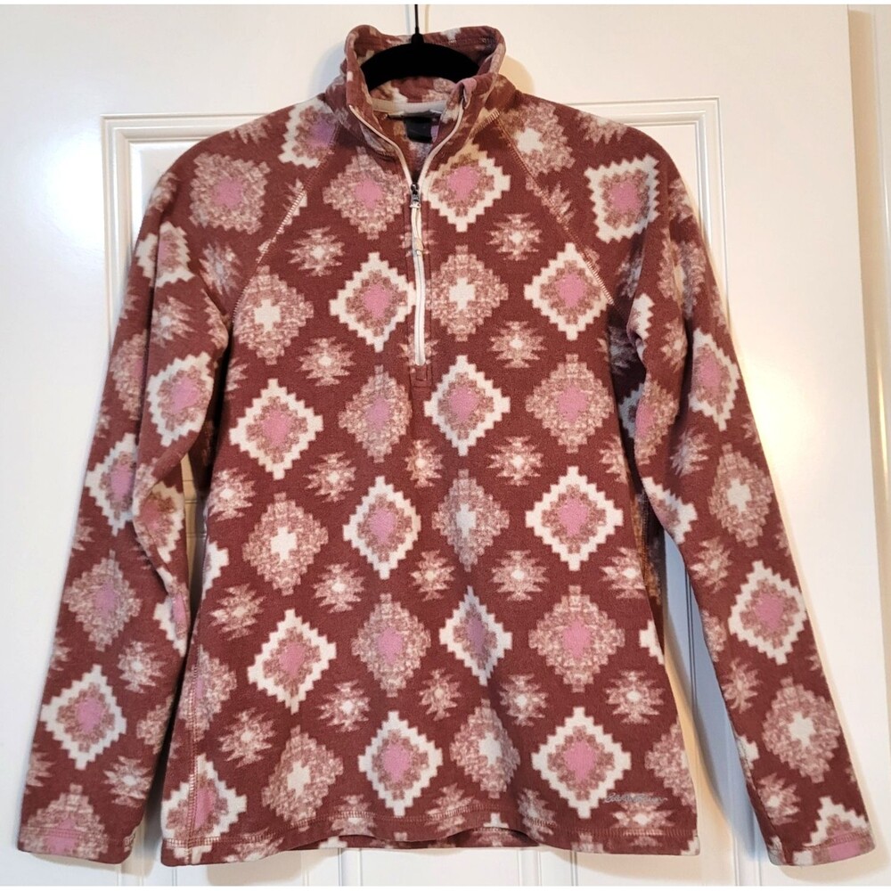 Eddie Bauer Womens S Geometric Aztec 1/4 Zip Fleece Pullover Rust Southwestern